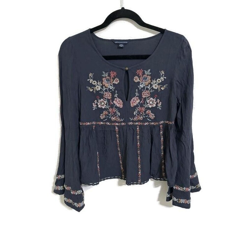 American Eagle Shirt Womens Small Blue Embroidered Boho Peasant Bell Sleeve Top